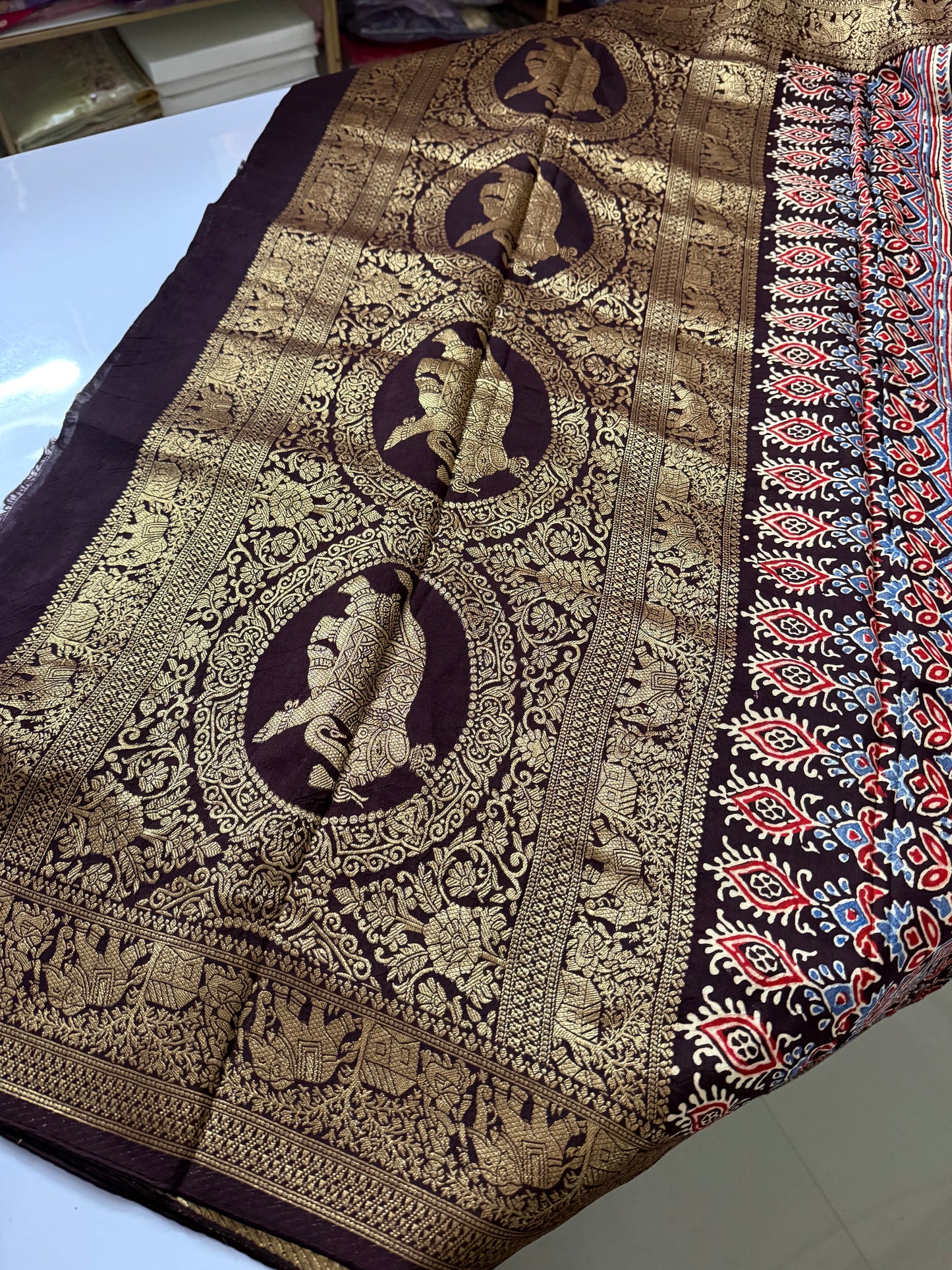 Cow design brown Dola Silk Saree with ajrakh hand block print