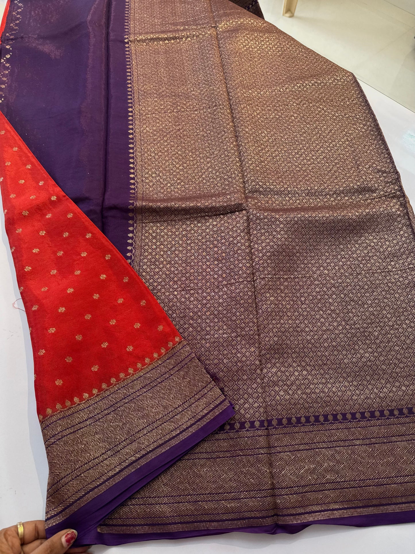 Orange with purple Pure Crepe chiffon banarasi saree with konia design(koniaorange)