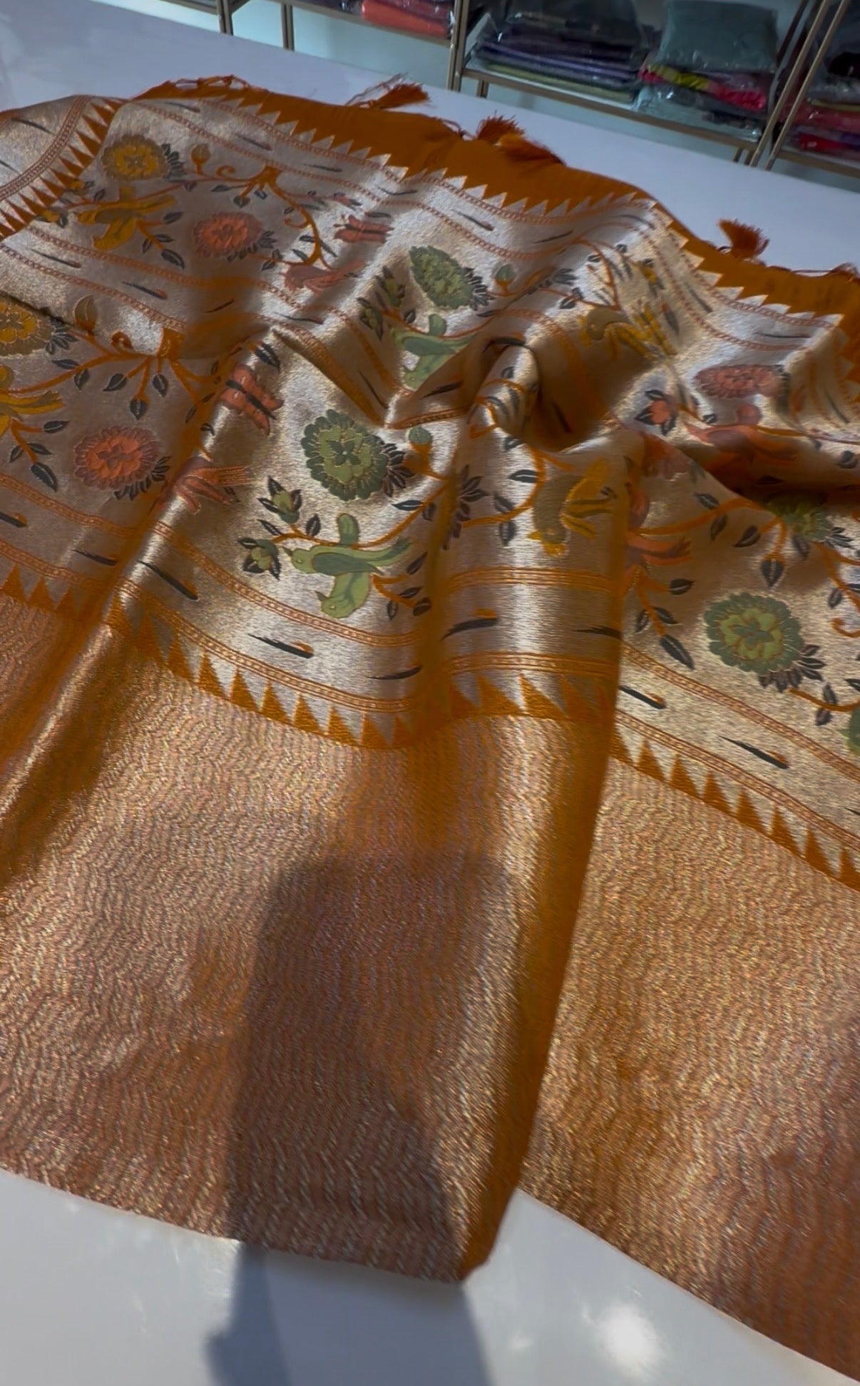 Mustard yellow Kushi Ravi inspired Banarasi pattu saree with paithani border