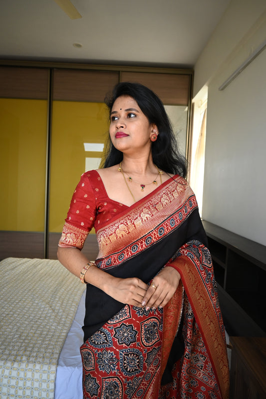 Dola silk ajrakh saree