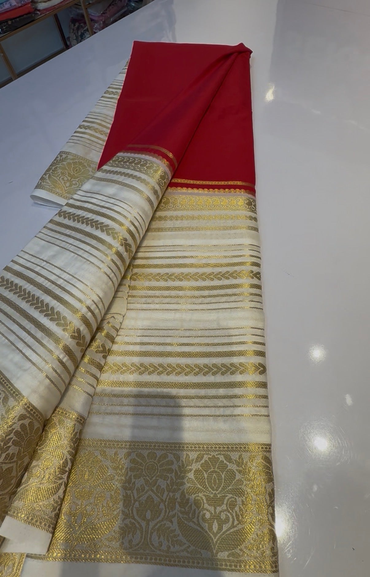 Red With Offwhite semi crepe silk saree