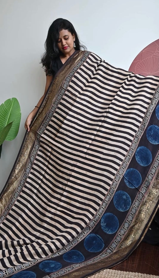 Pure Dola silk saree with ajrakh hand block print