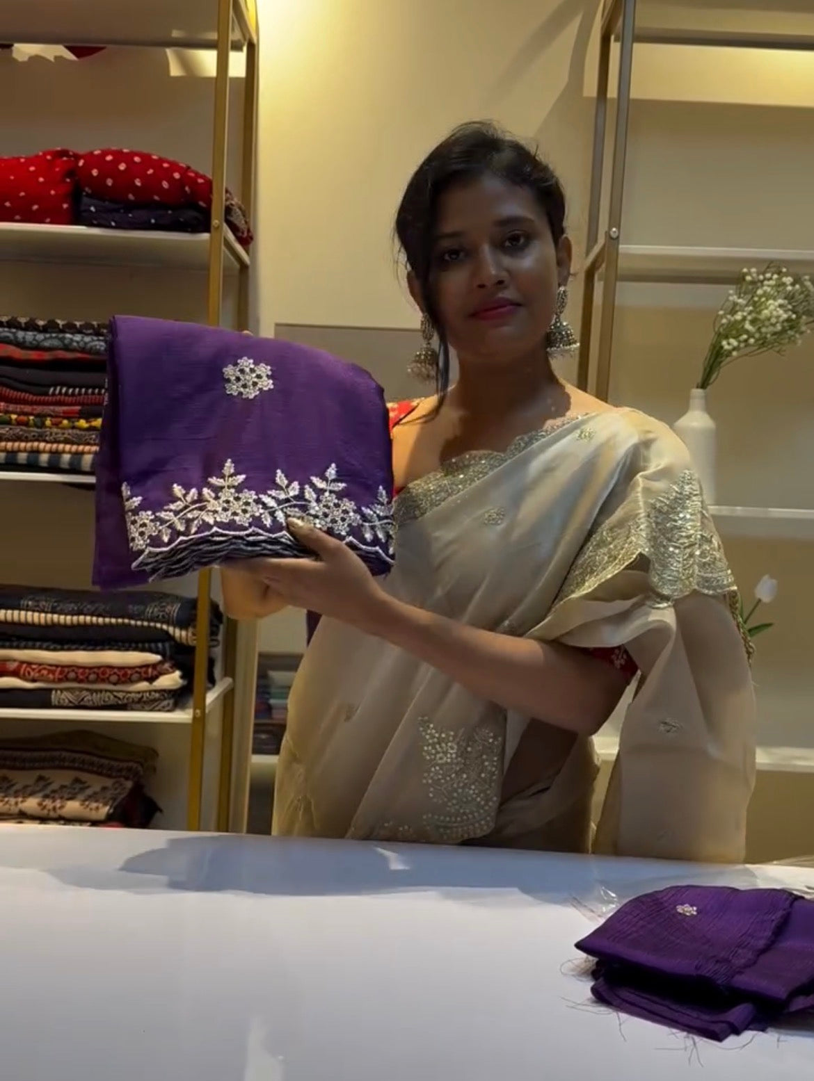 Purple embroidery soft chinnon saree