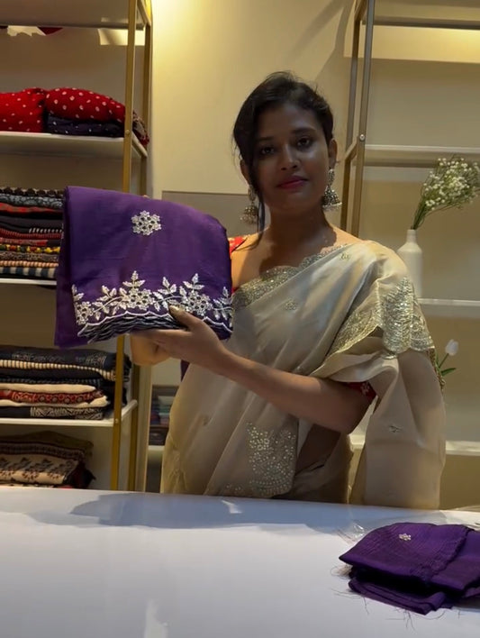 Purple embroidery soft chinnon saree