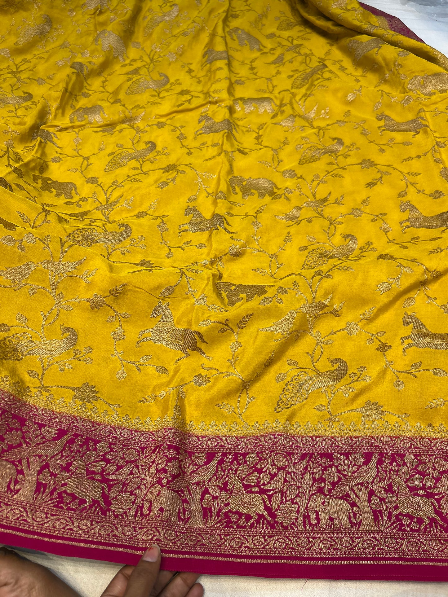 Yellow with pink pure crepe Banarasi saree