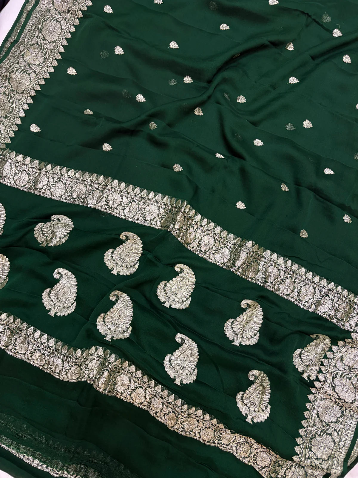 Bottle green Pure chiffon Banarasi sarees