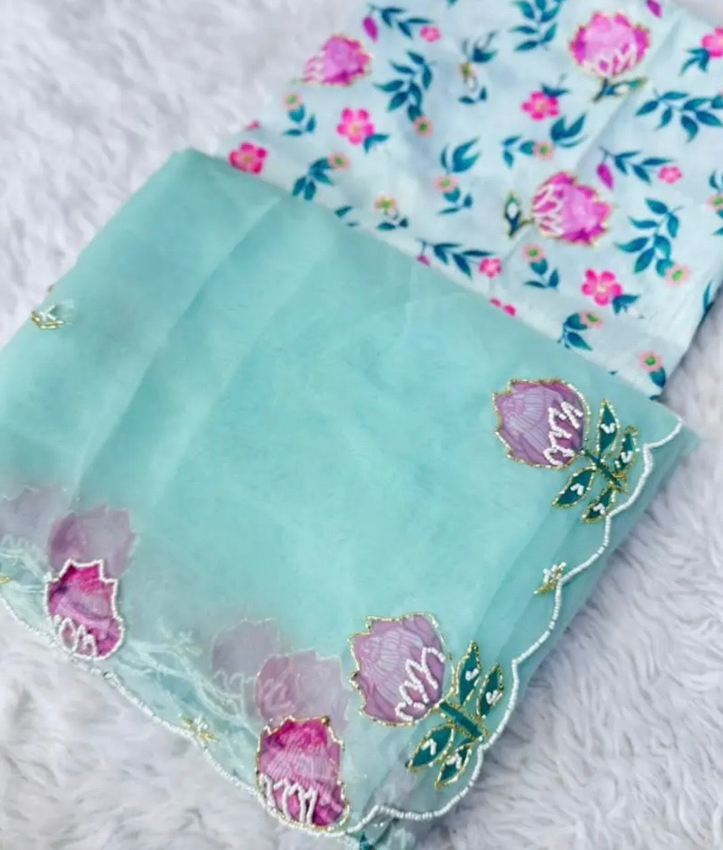 Designer lotus hand work Blue  saree