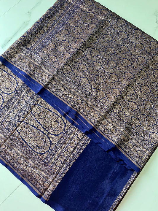 Blue PURE BROCADE Khaddi Crepe Chiffon Handloom Banarasi Saree