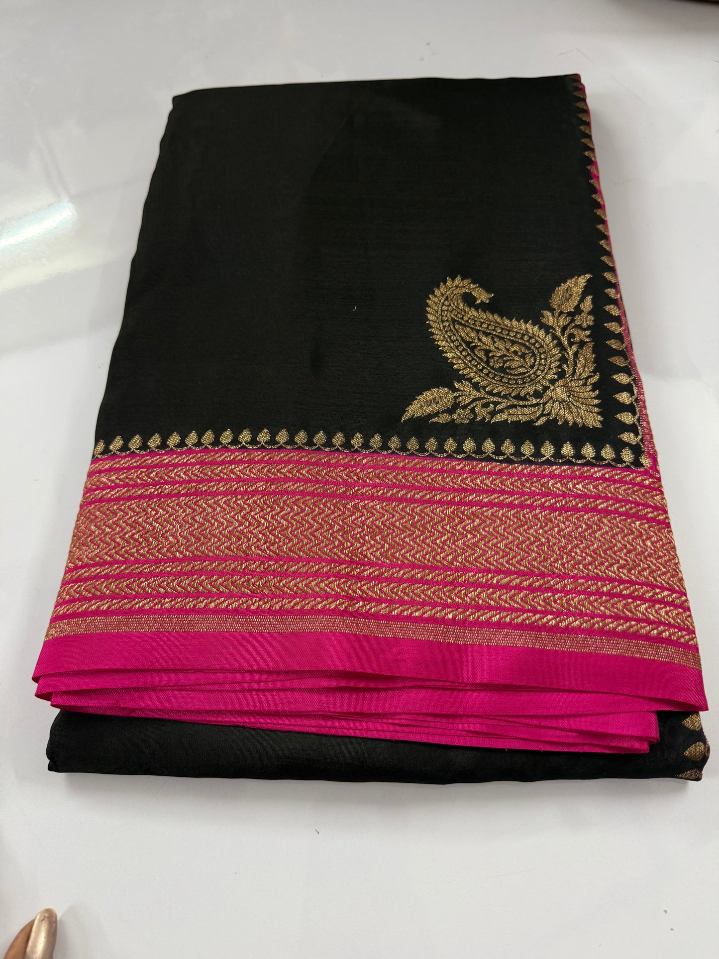 Black with pink Pure Crepe chiffon banarasi saree with konia design(koniapink)