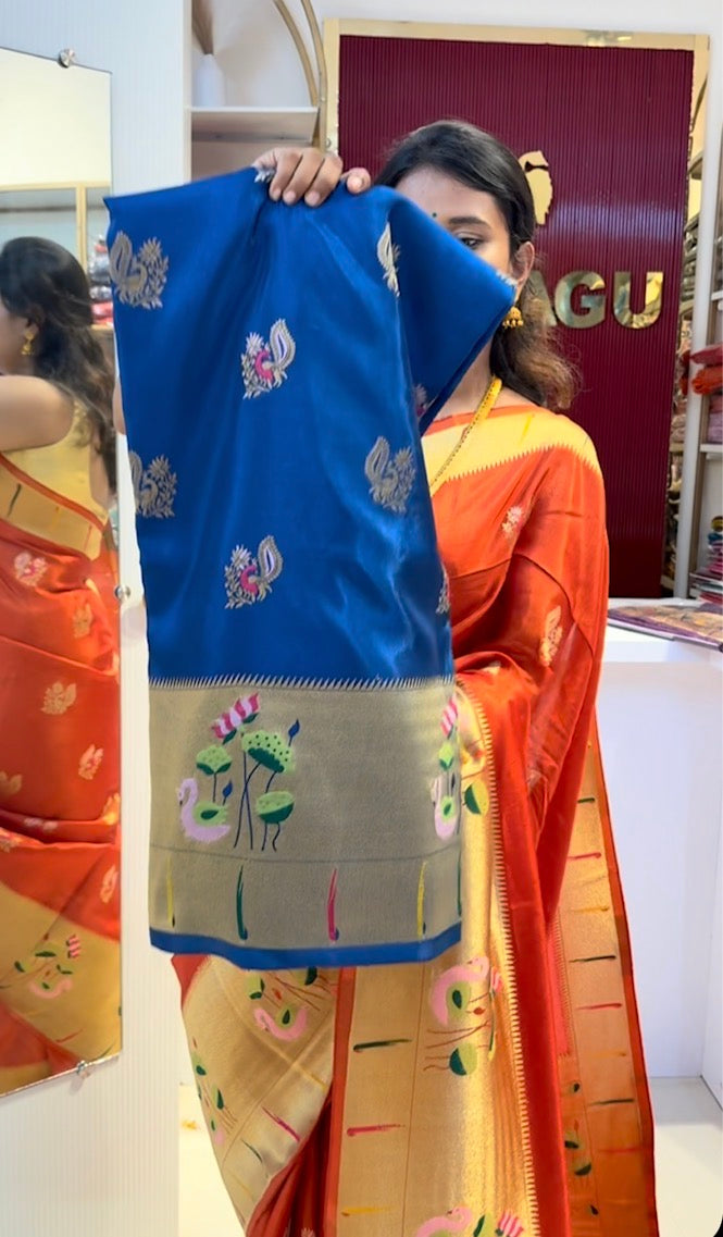 Teal blue Viscose crepe silk saree with beautiful satin finish with stunning hamsa and lotus motifs(SBSGLOTUS)