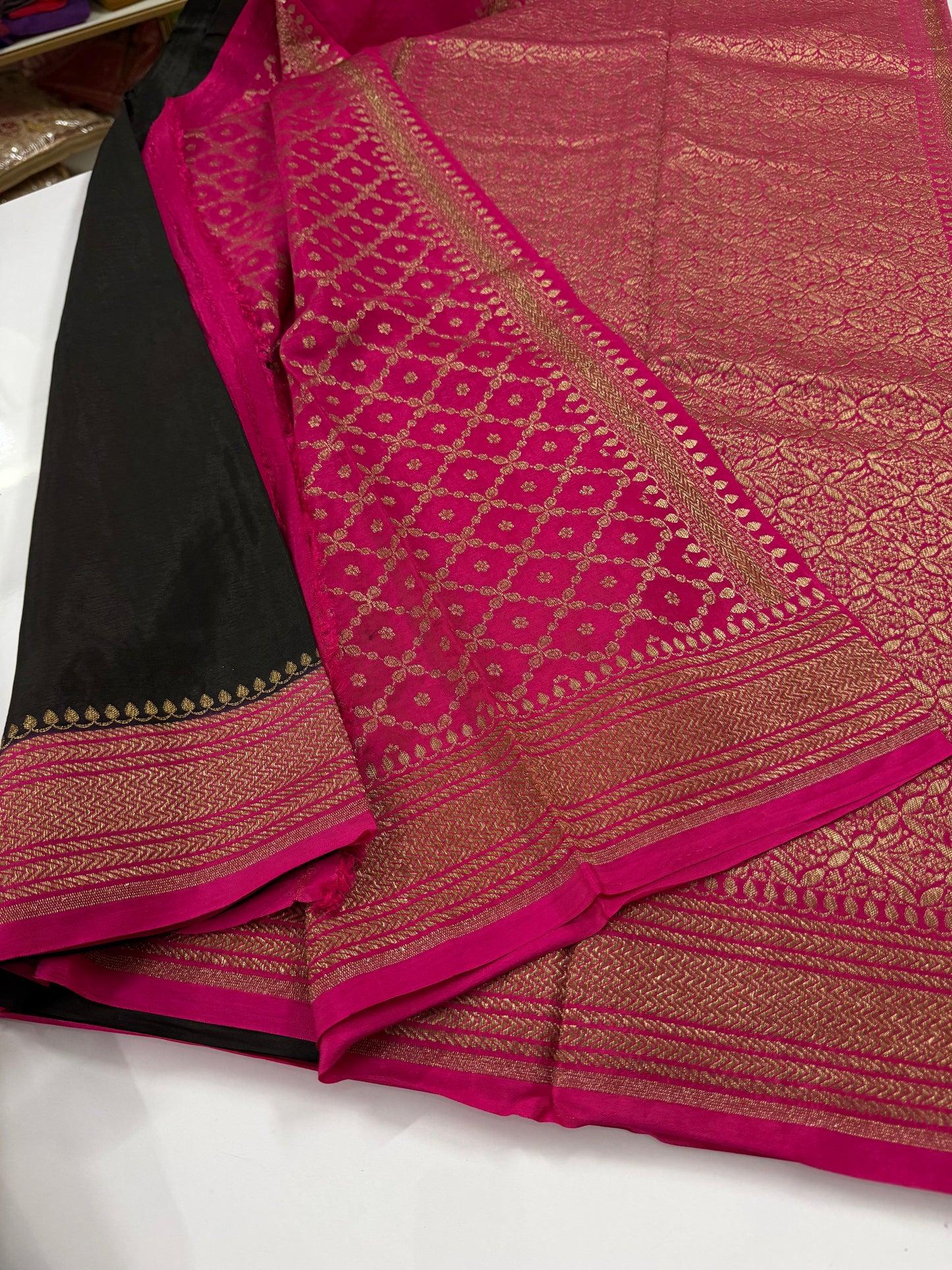 Black with pink Pure Crepe chiffon banarasi saree with konia design(koniapink)