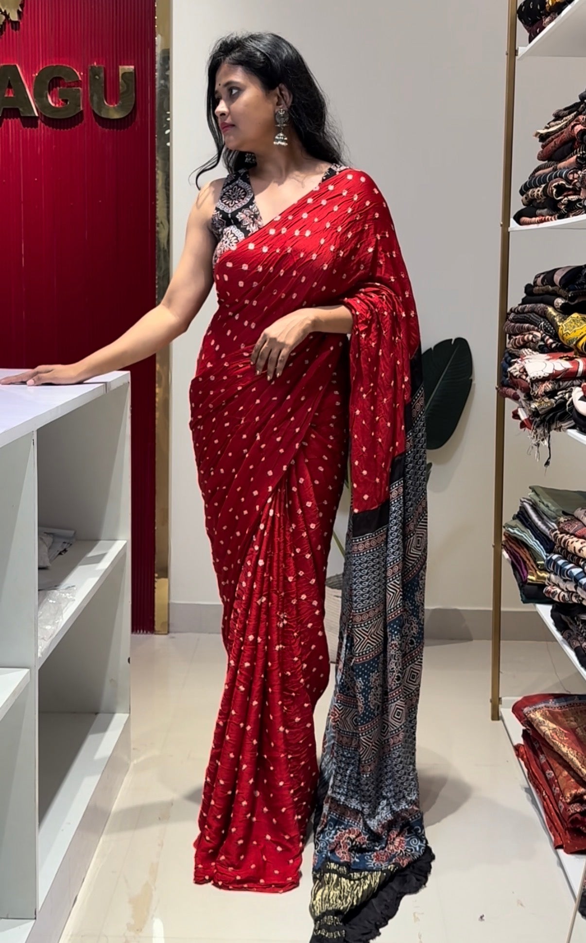 Red Bandhej Ajrakh Modal Silk With Zari Pallu