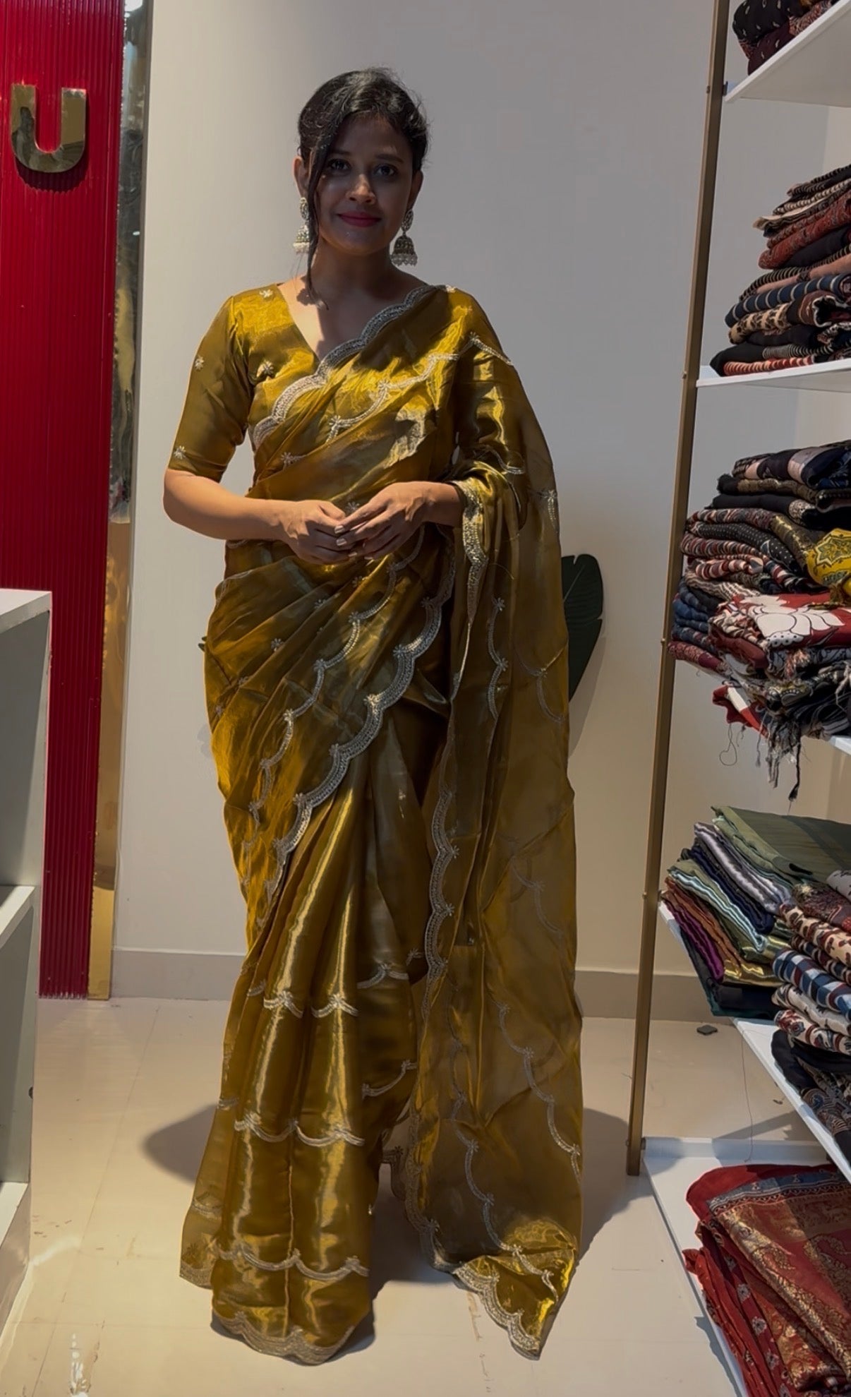 Golden brown Satin organza Saree with sequence embroidery work