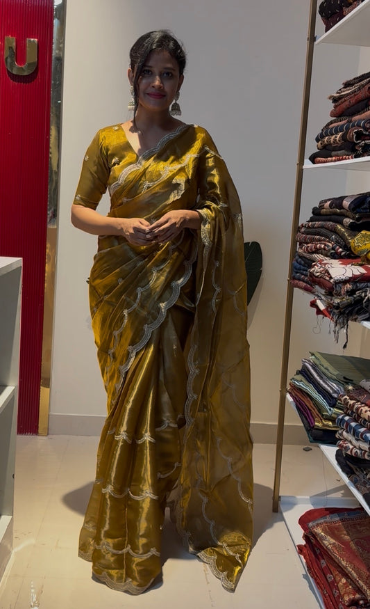 Golden brown Satin organza Saree with sequence embroidery work