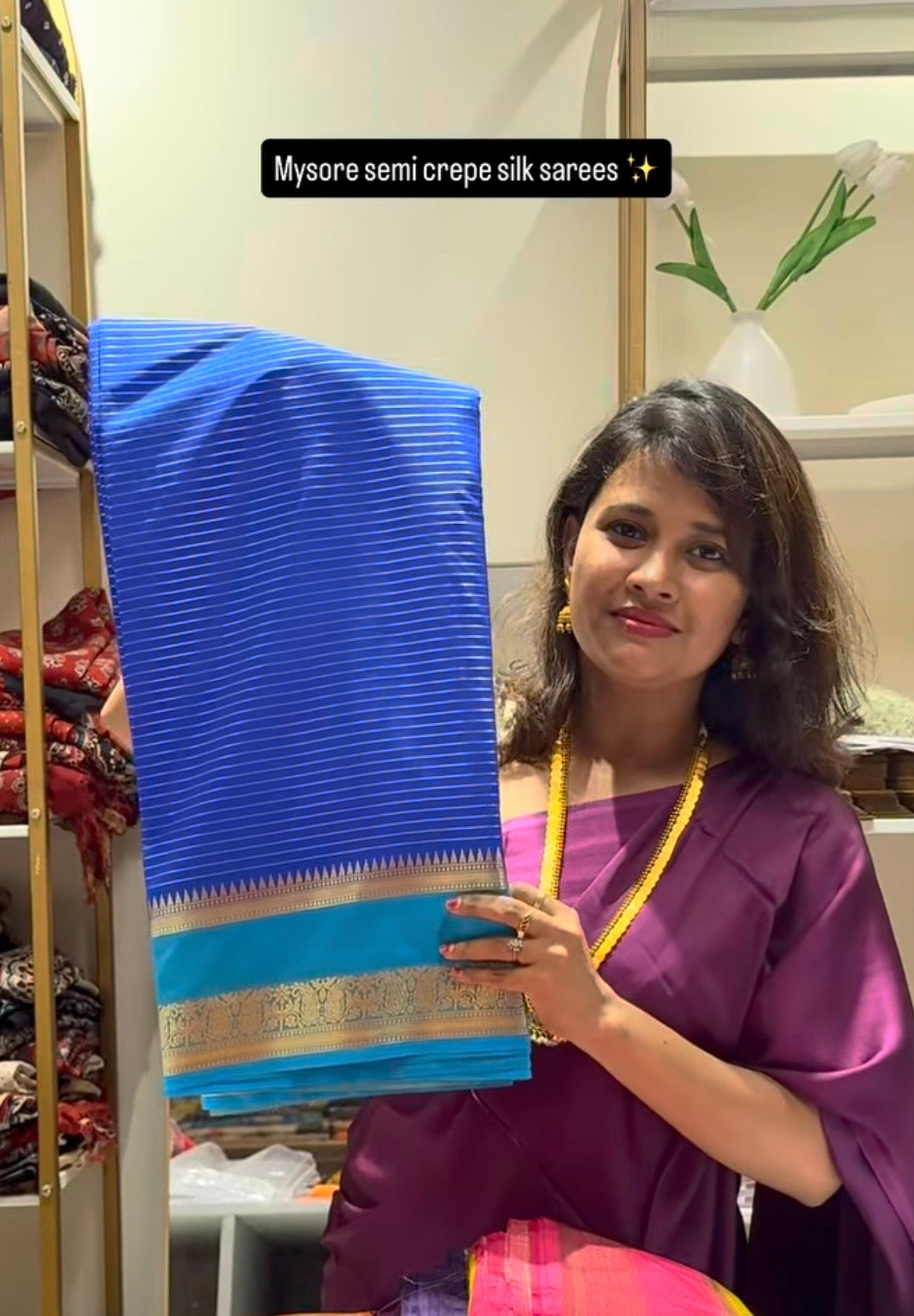 Blue semi mysore crepe silk saree