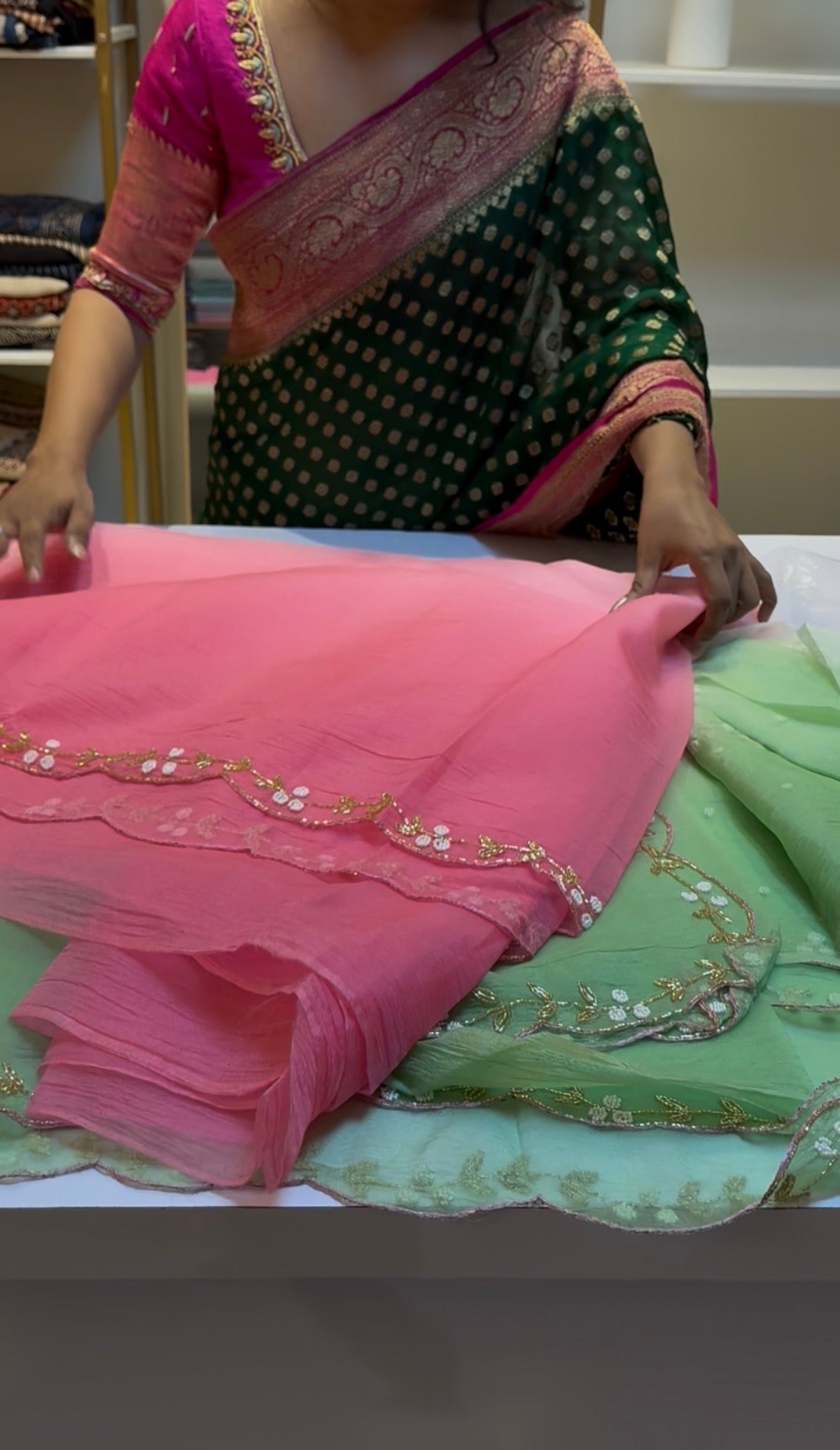 Candy Crush Pink With Pista Green saree