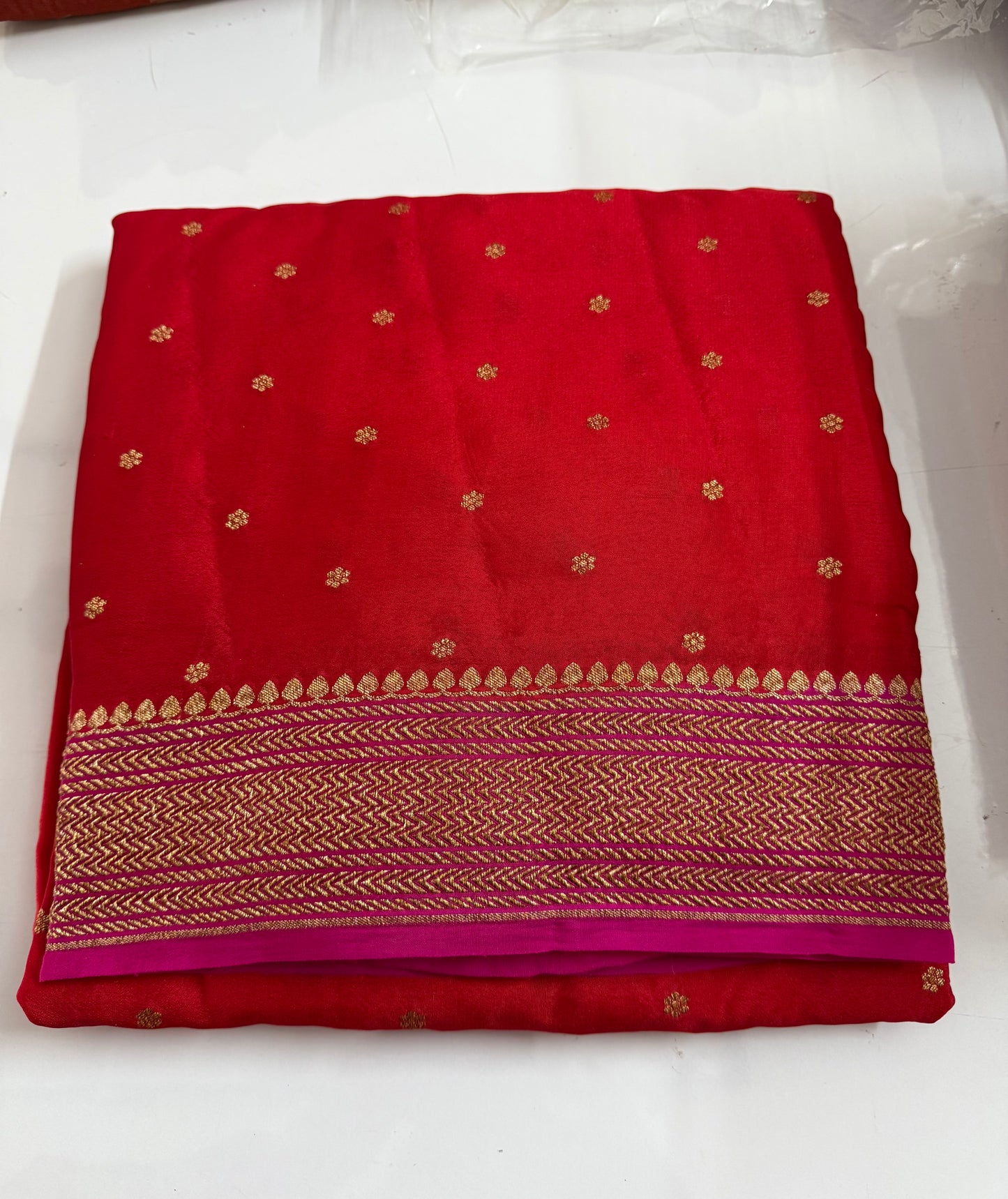 Red with pink pure crepe Banarasi saree