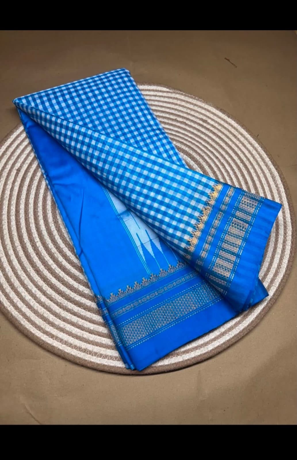 Blue ilkal checked pure cotton saree