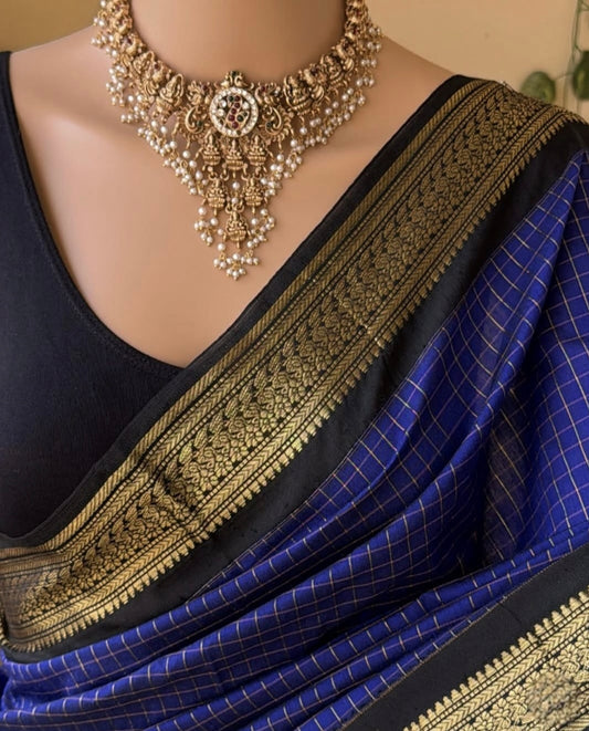 Blue checked Cotton Silk Saree