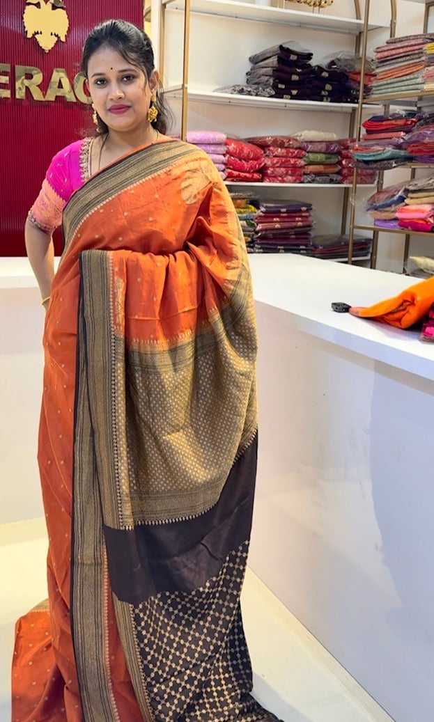 Rust orange with brown pure crepe Banarasi saree(RUST01)