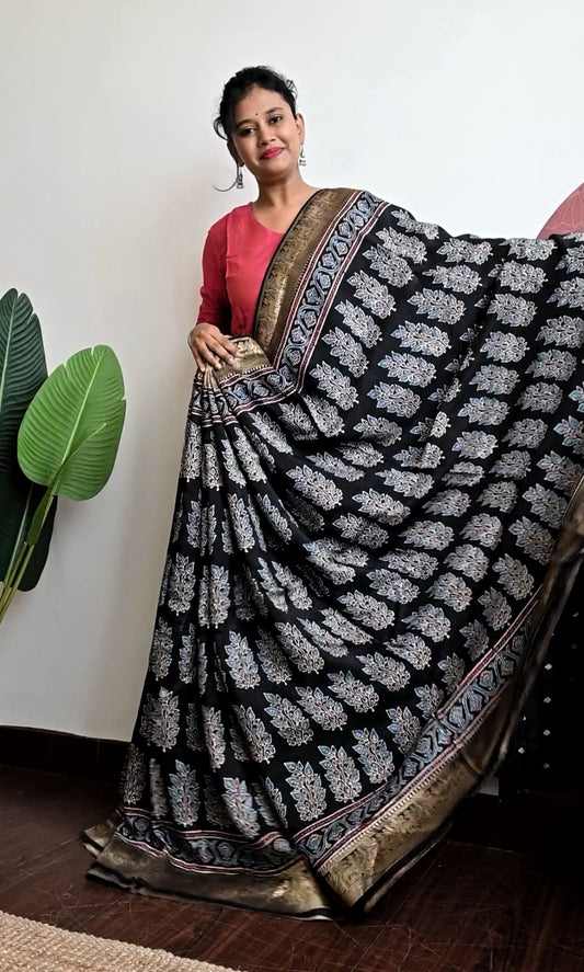 Pure Dola silk saree with ajrakh hand block print