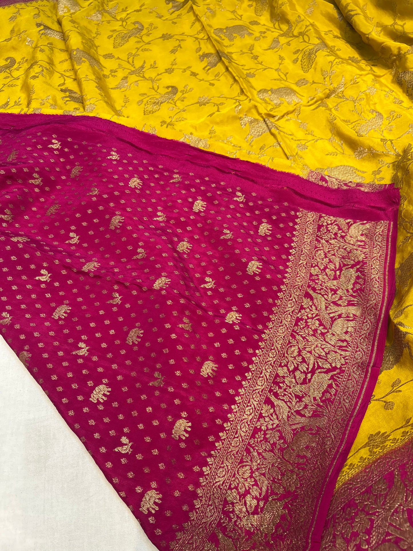 Yellow with pink pure crepe Banarasi saree