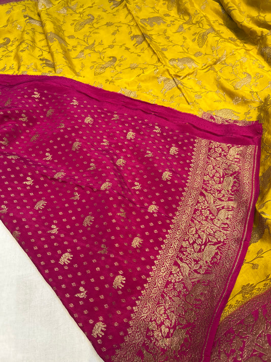 Yellow with pink pure crepe Banarasi saree