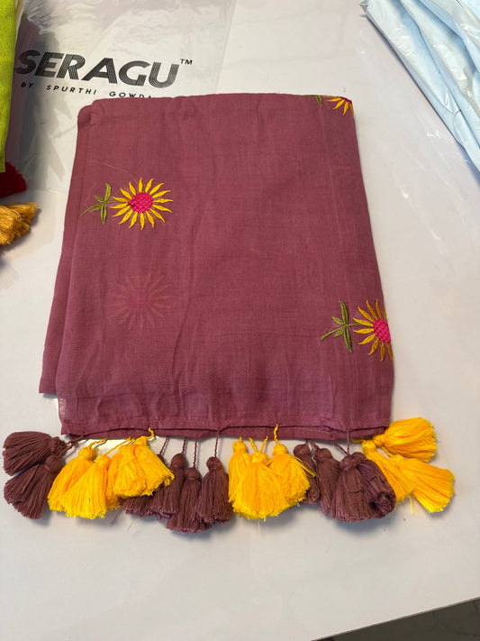 120 count pure mul Cotton With Long Tassels Saree(sunflower3)