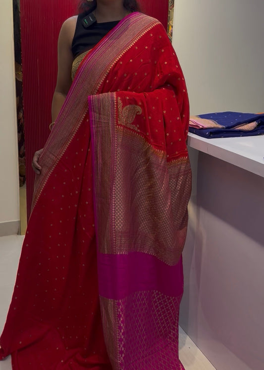 Red with pink pure crepe Banarasi saree(Pre Booking)