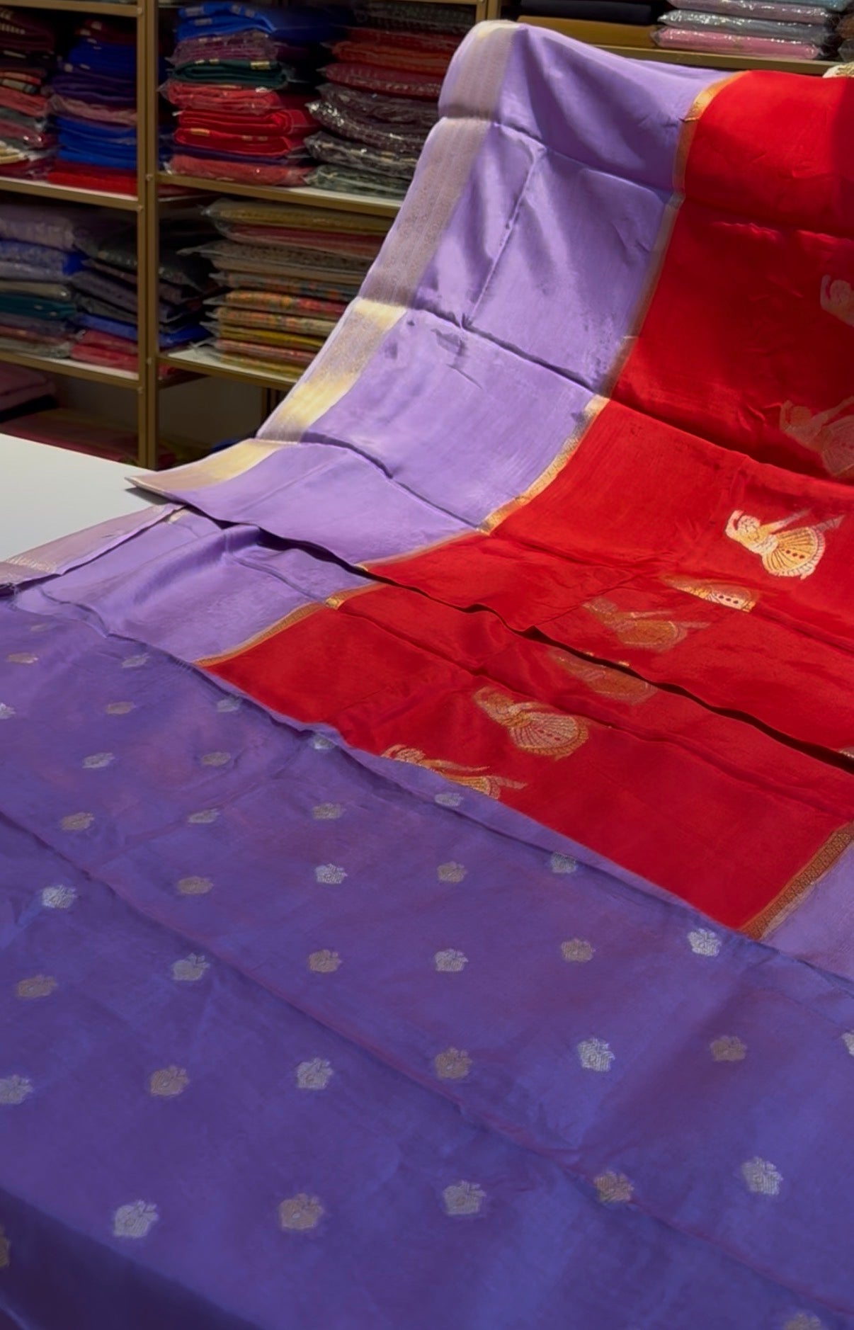 Red with lilac Premium viscose Saree