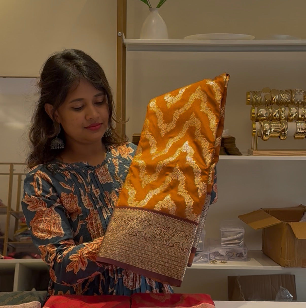 Rust orange semi Kanchi saree