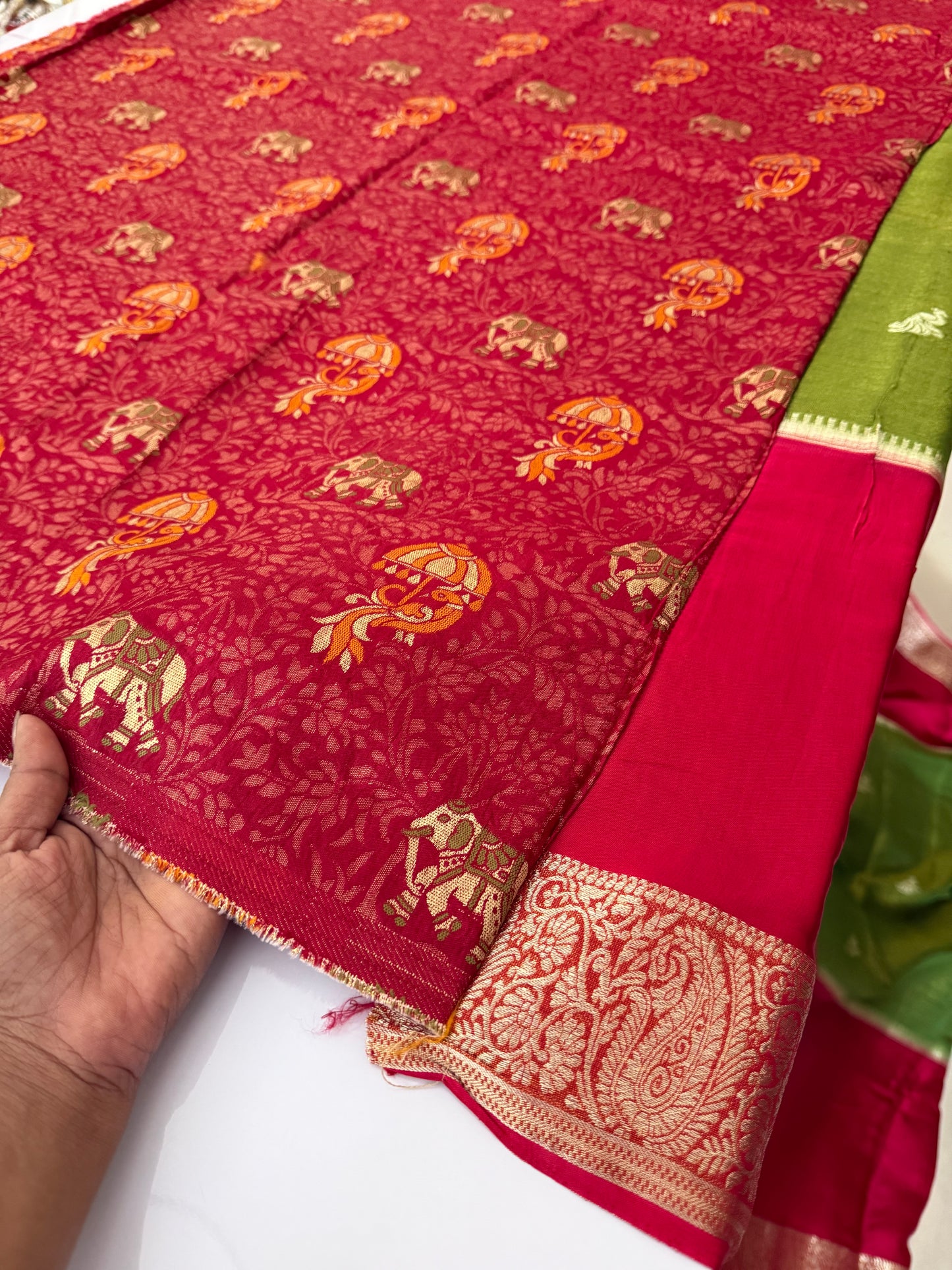Pink red with parrot green Premium viscose Saree