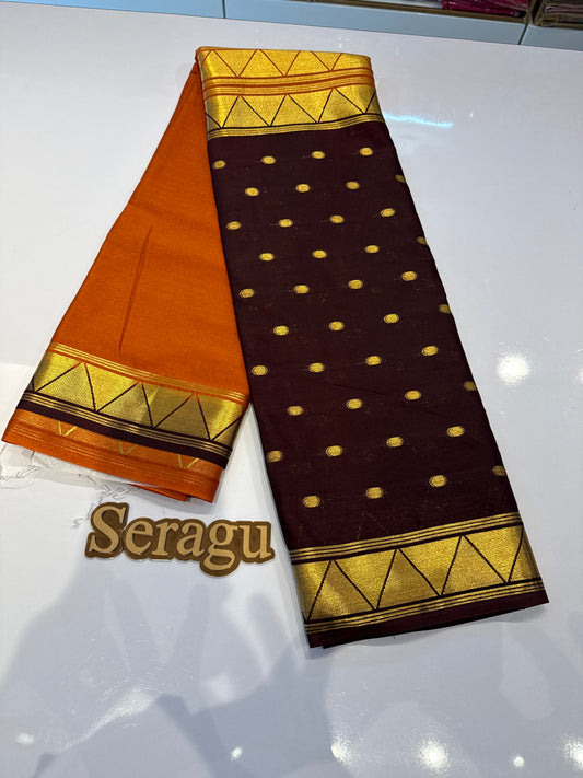 Rust orange with brown half and half semi Mysore crepe silk saree