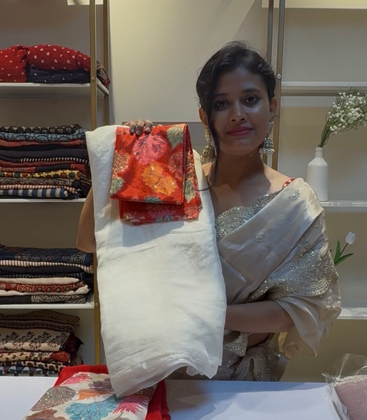 White space silk saree with position embroidery blouse