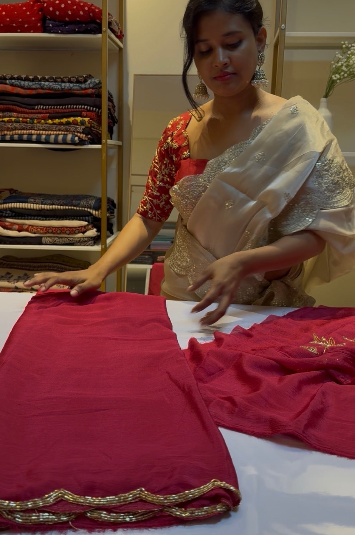 Pinkish red hand work designer saree