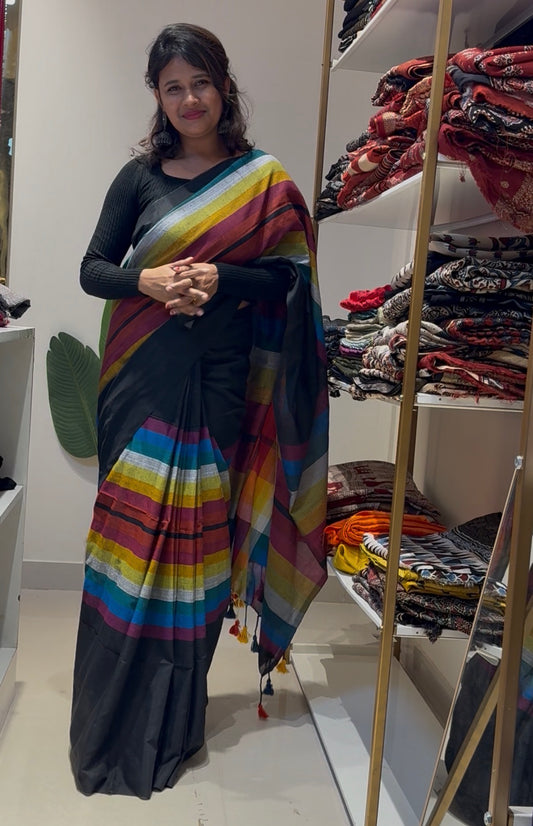 Black Rainbow Khadi Cotton With Long Tassels Saree
