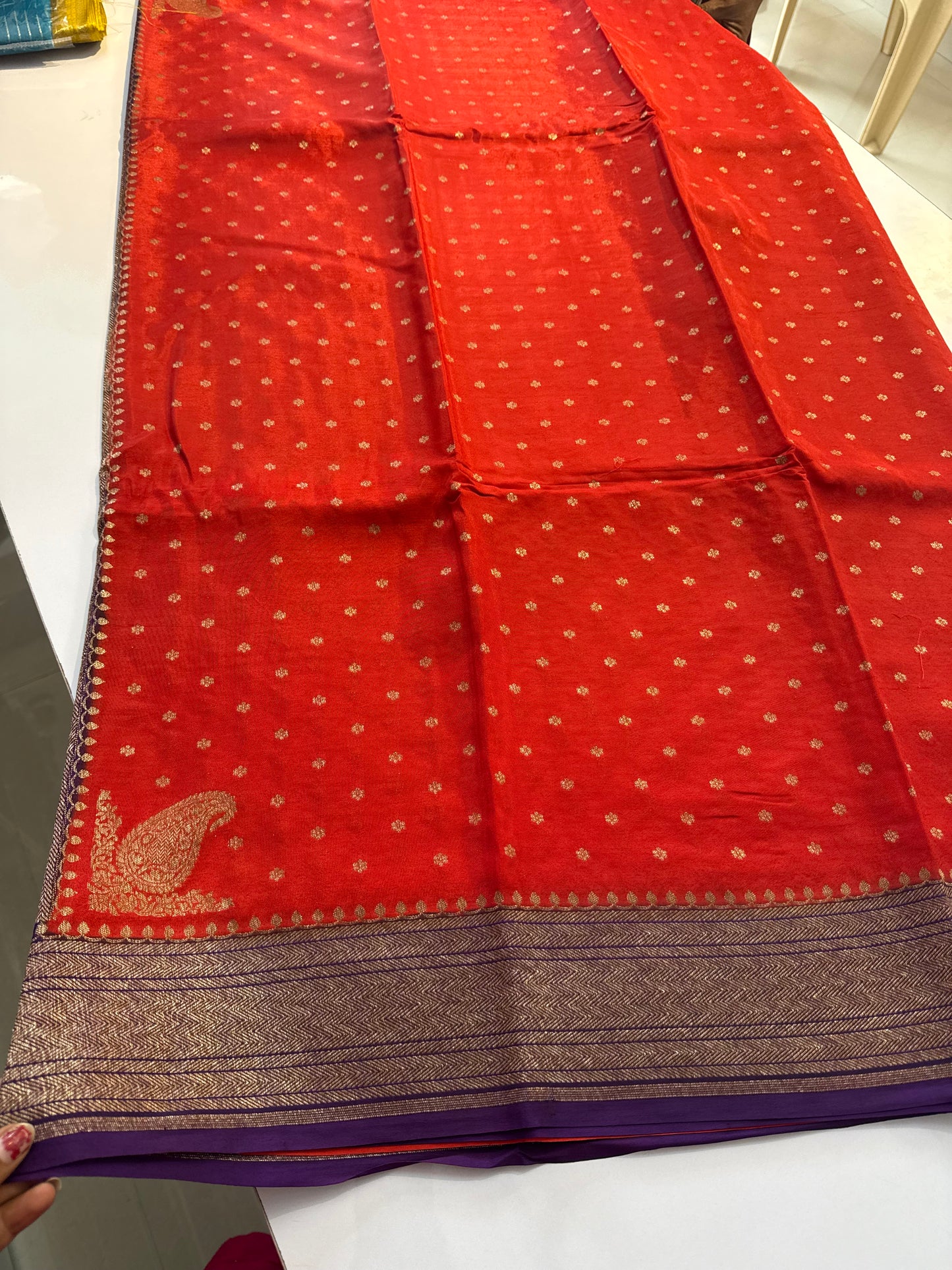 Orange with purple Pure Crepe chiffon banarasi saree with konia design(koniaorange)