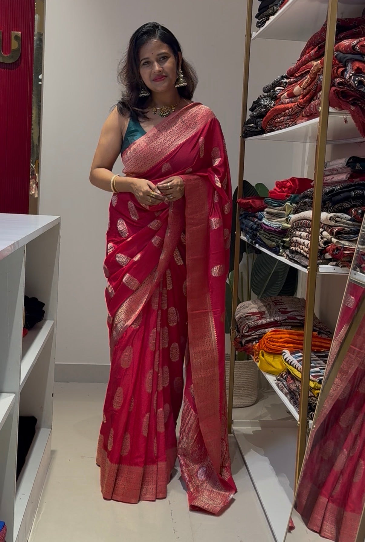 Red with green georgette saree