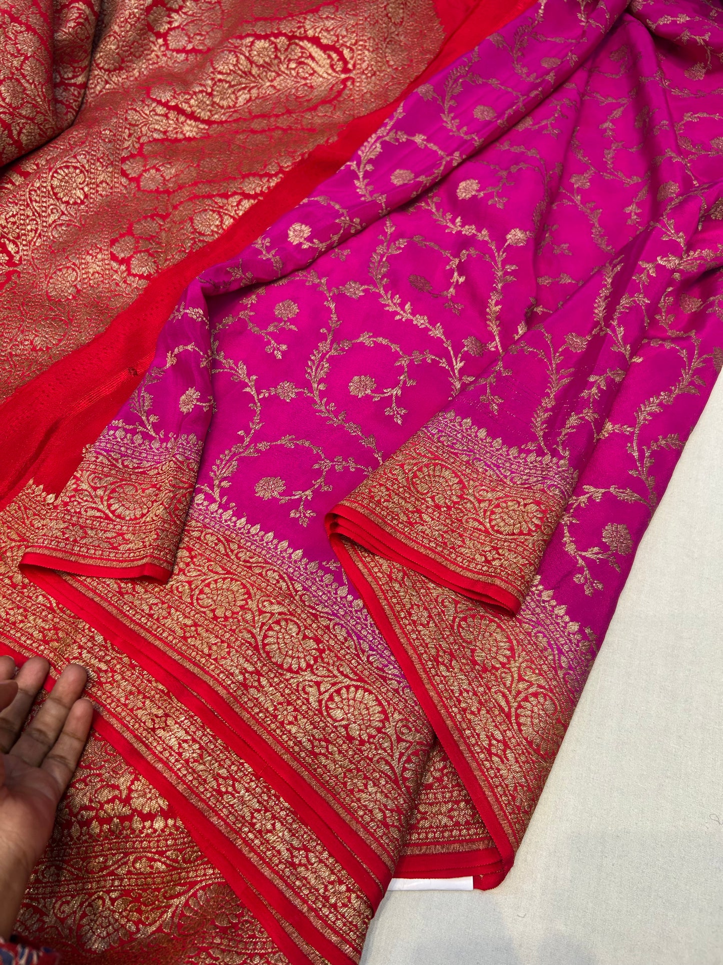 Pink with red pure crepe Banarasi saree