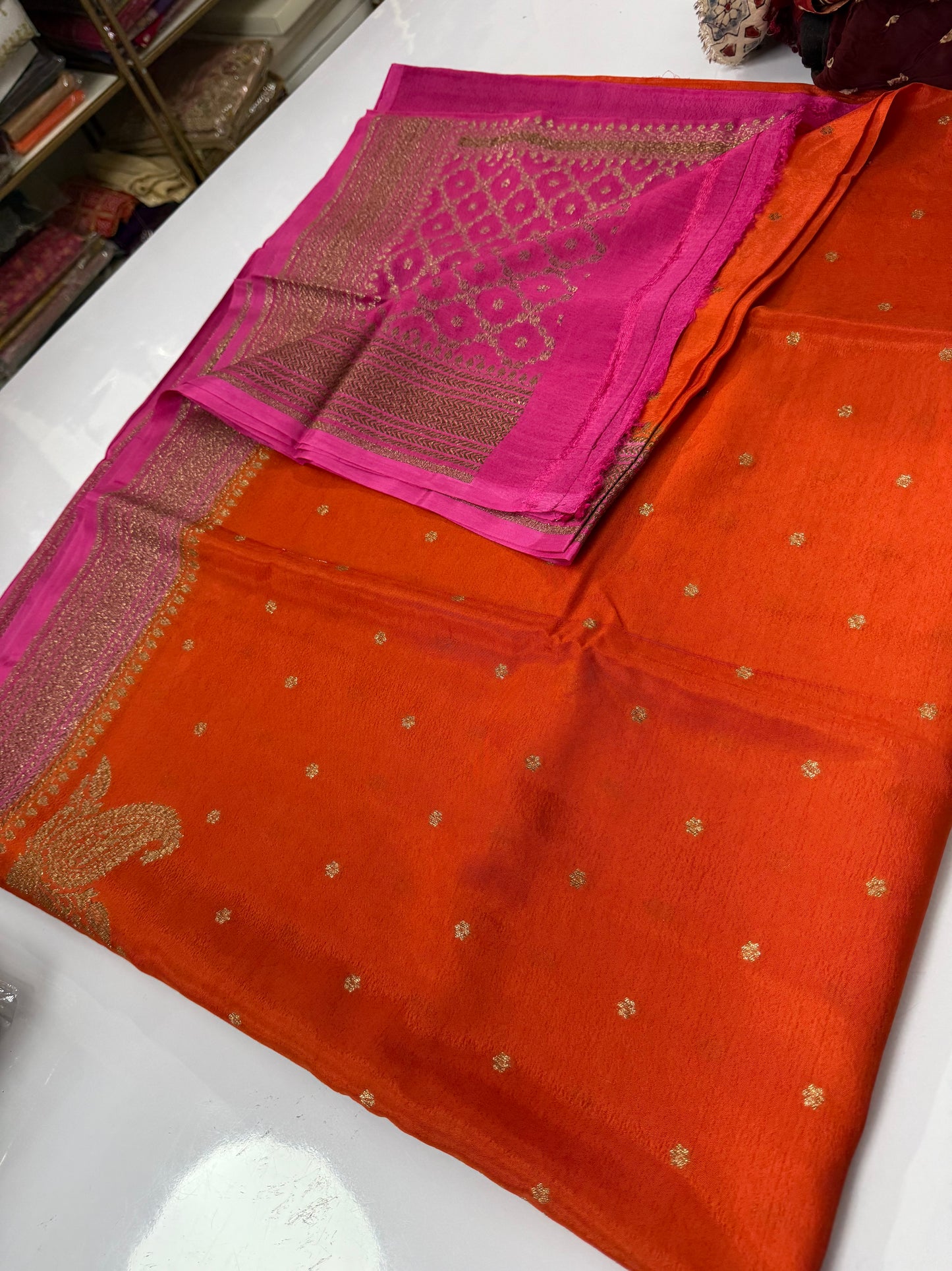 Orange with pink Pure Crepe chiffon banarasi saree with konia design(konia100)
