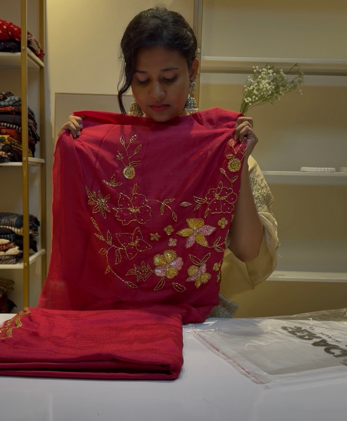 Pinkish red hand work designer saree