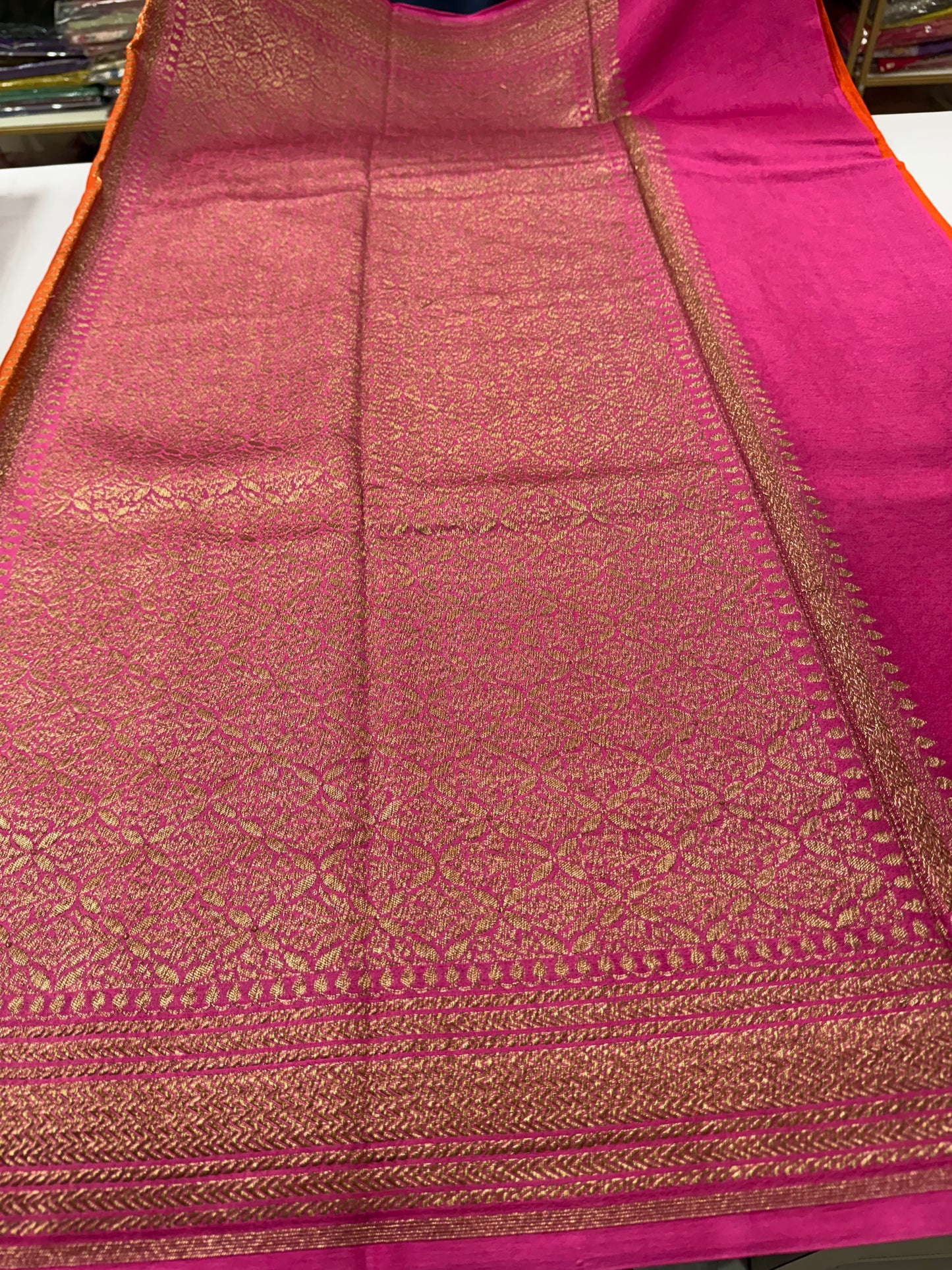 Orange with pink Pure Crepe chiffon banarasi saree with konia design(konia100)