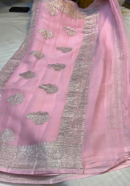 Baby pink pure chiffon Banarasi sarees