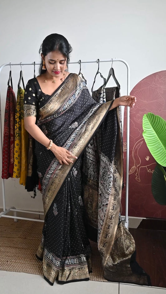 Premium hand block Dola silk saree