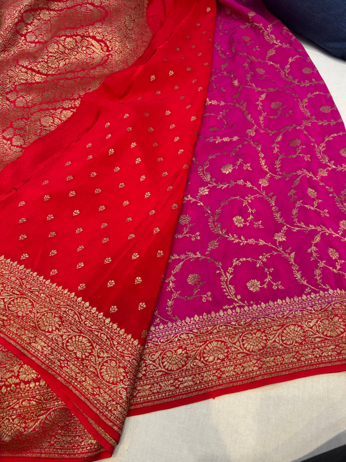 Pink with red pure crepe Banarasi saree