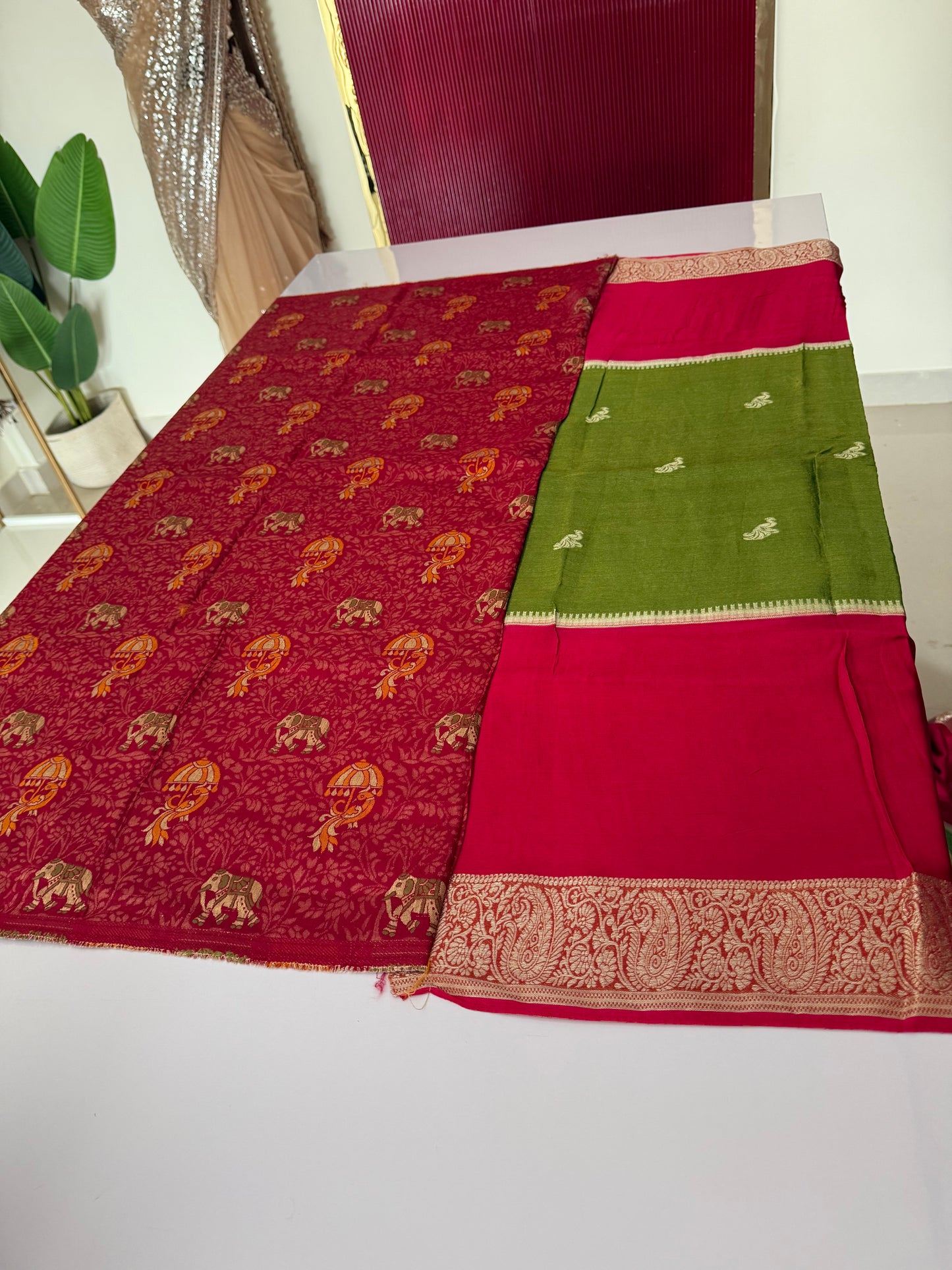 Pink red with parrot green Premium viscose Saree