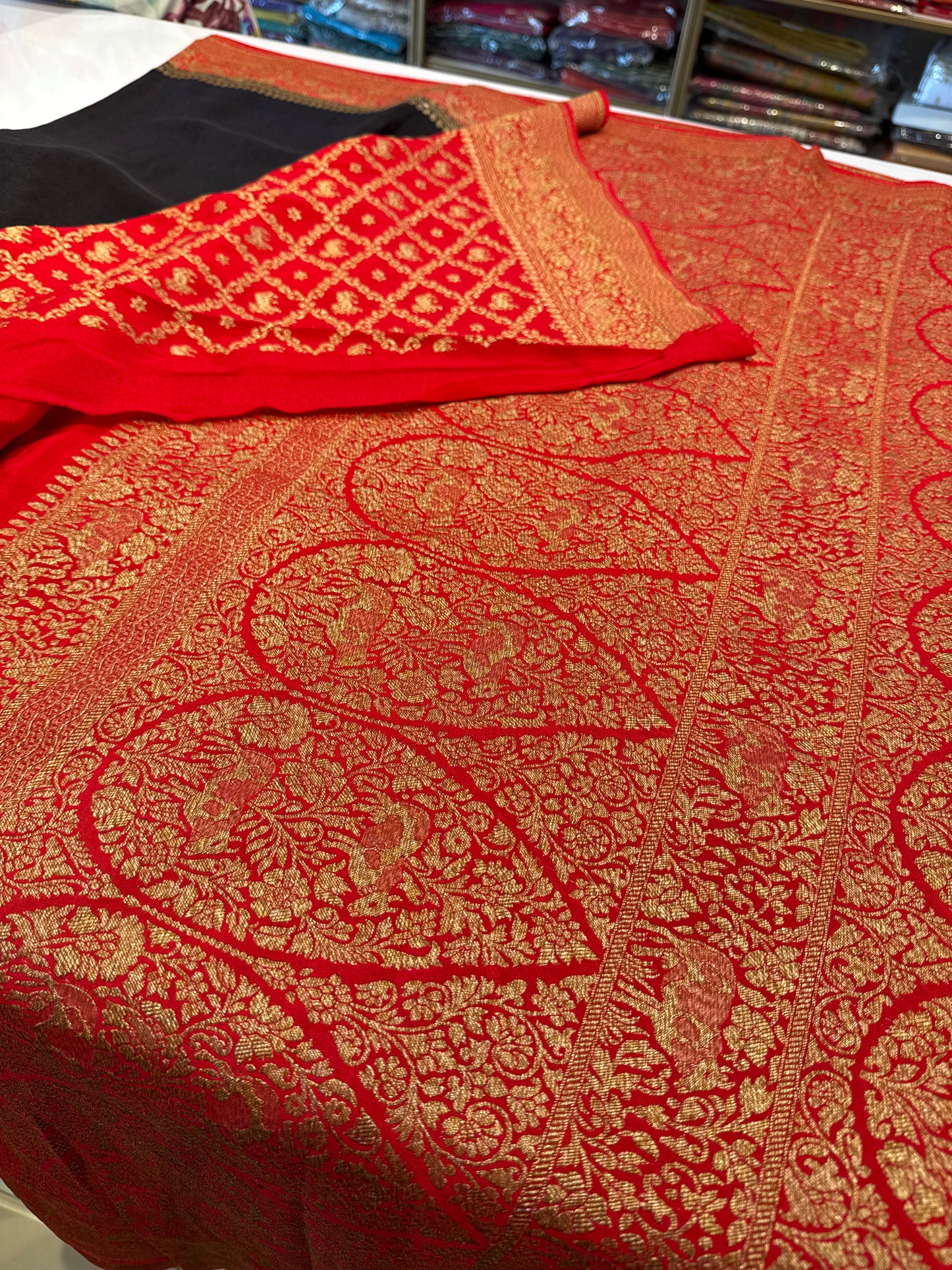 Black with red pure crepe Banarasi saree(CrepeBlack10)