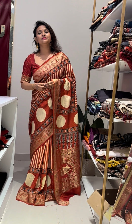 Ajrakh Dola Silk Saree