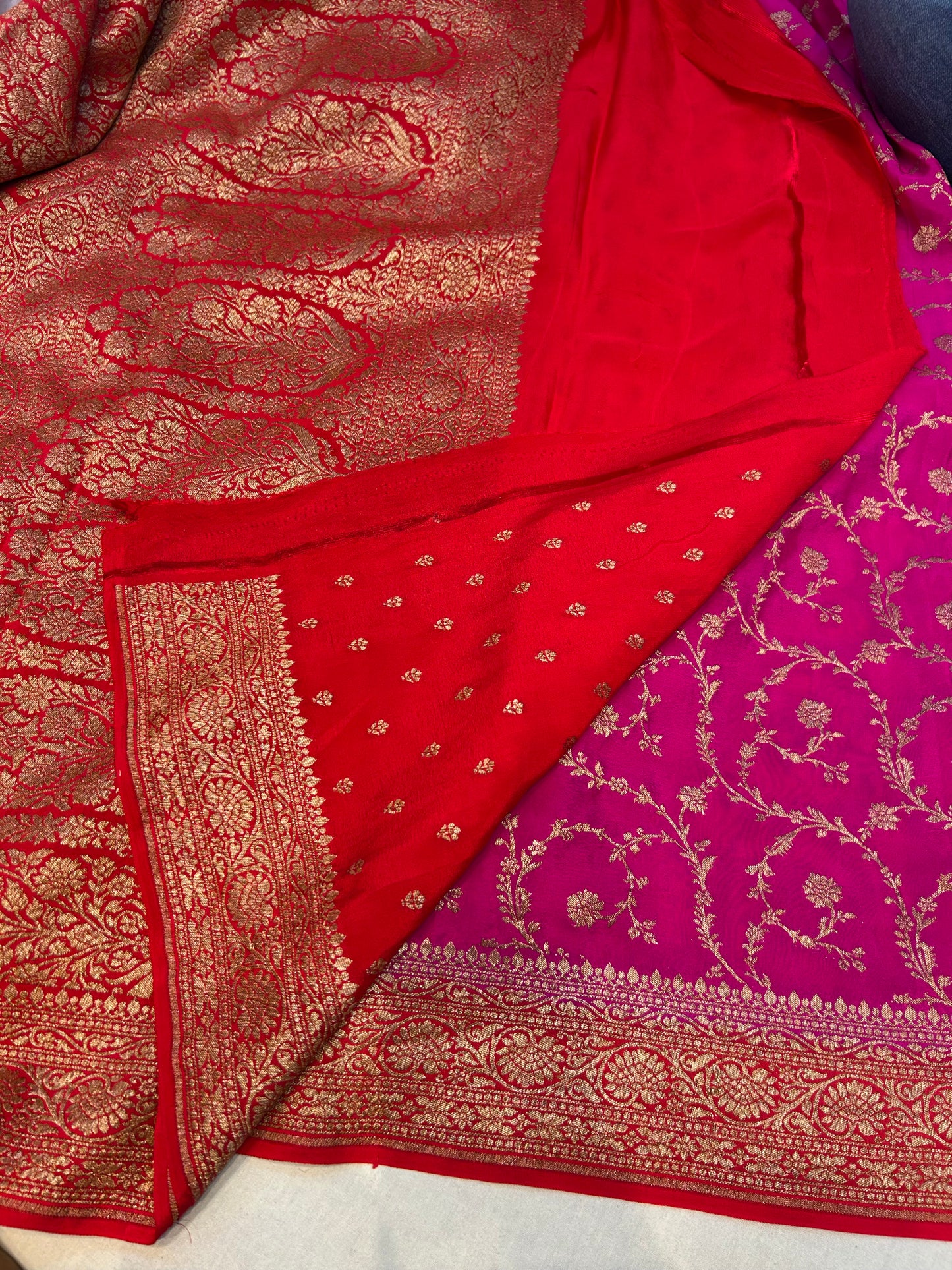 Pink with red pure crepe Banarasi saree