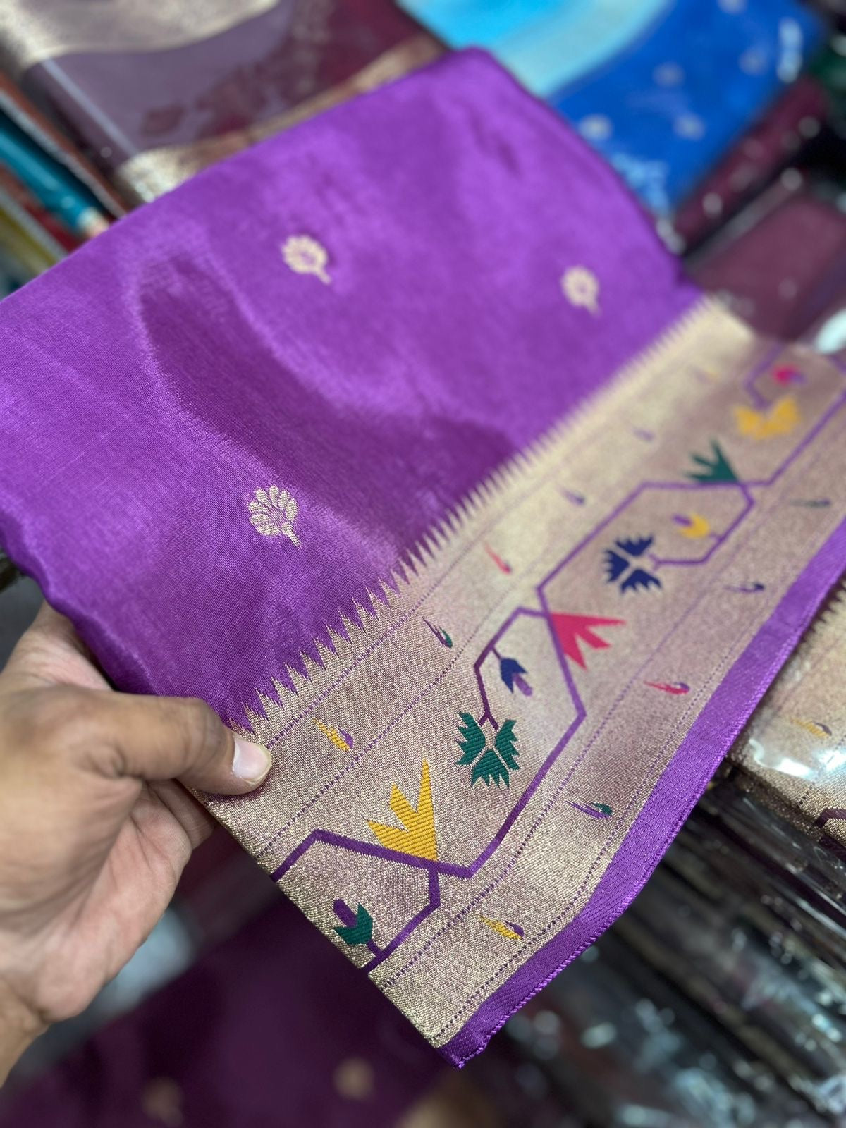 Lavender dola silk saree with paithani border.